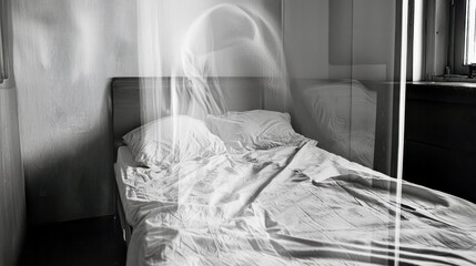 Ghostly figure in bedroom enhances feelings of mystery and introspection among viewers in this surreal scene captured indoors