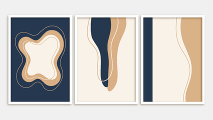 Abstract organic shapes with beige and navy blue waves set in minimalist modern art prints for home decoration