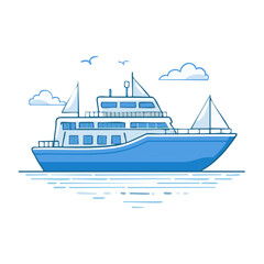 Cartoon ferry boat ship illustration with birds and clouds sailing on water.