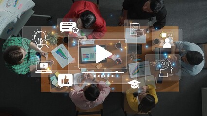 A diverse group of professionals collaborating in a modern office, utilizing digital tools and technology for brainstorming, strategy development, and creative idea generation. Raster