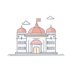 Obraz premium Elegant Domed Architectural Structure with Flag and Clouds against a White Backdrop in a Minimalist Cartoon Style