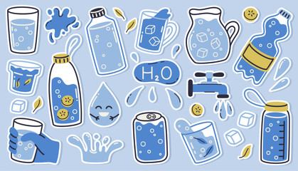 A set of stickers for drinking water, glasses, and water bottles. Drink more water.