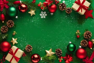 christmas greeting card Merry Christmas and Happy Holidays greeting card, frame, banner. New Year. Noel. Red and white Christmas decorations and g top view. Winter xmas holiday celebration