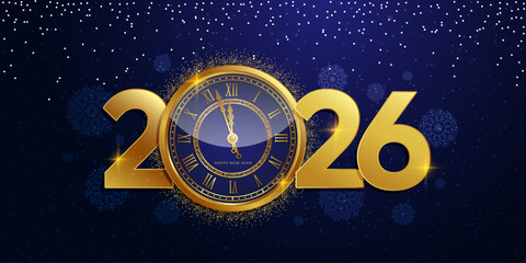 Golden numbers 2026 and a clock on a blue background with snowflakes and falling snow. Horizontal festive banner with a Happy New Year. Vector illustration.