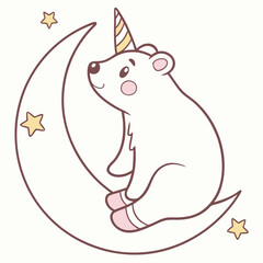 An adorable Polar bear with a Playful vibe, sitting on a moon, and a Unicorn Dreams Unicorn Dreams theme – SVG style