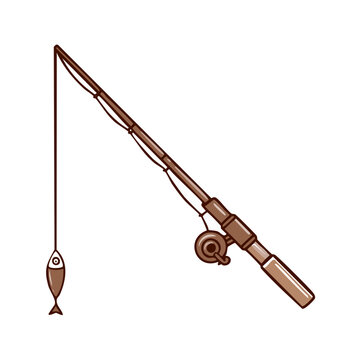 Hand drawn fishing rod with a simple fish dangling on the line isolated on white