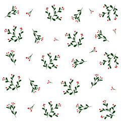 Botanical seamless pattern with green leaves and red berries. Natural floral repeating design for Christmas and everyday projects. PNG with transparent background.
