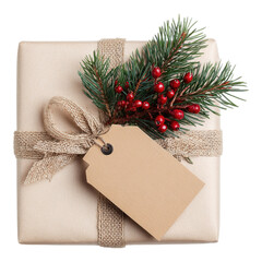Christmas gift box present with blank tag, ribbon and pine branch on transparent background