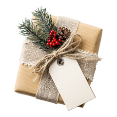 Christmas gift box present with blank tag, ribbon and pine branch on transparent background