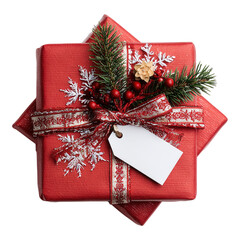 Christmas gift box present with blank tag, ribbon and pine branch on transparent background
