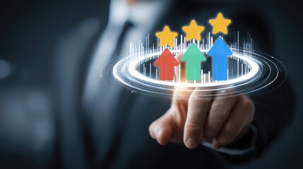 Business hand interacting with upward arrows and stars interface. Concept for performance growth, success, and business improvement. Modern corporate tool for progress tracking