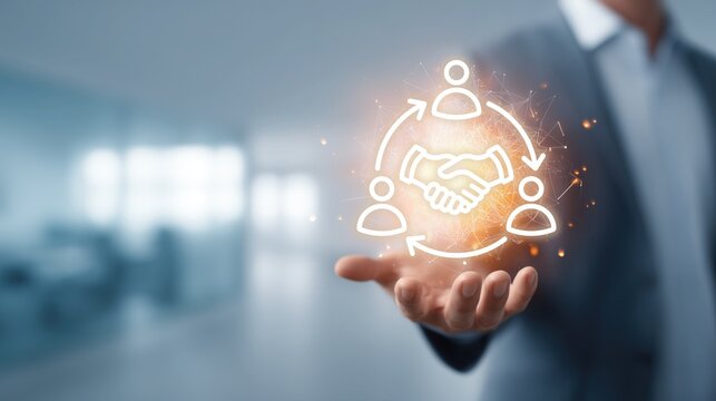 Business hand holding handshake and team interface. Concept for partnership, collaboration, and business agreement. Modern corporate tool for team connection, professional alliance