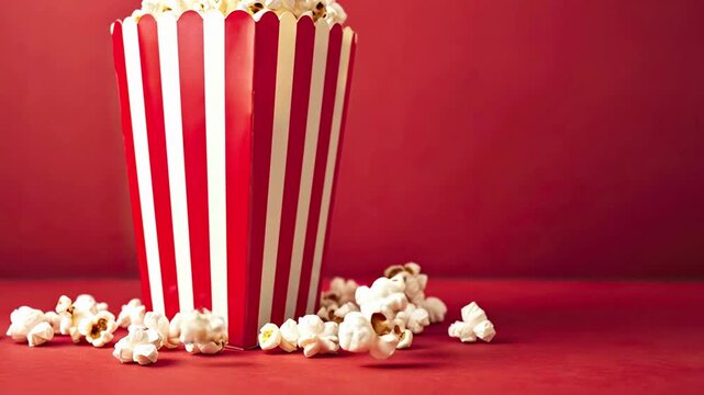 A red and white striped bucket of popcorn sits on a red surface against a red background with kernels spilling out