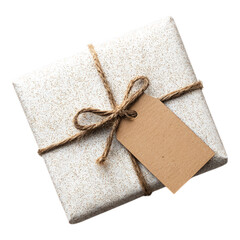 Christmas gift box present with blank tag, ribbon and pine branch on transparent background