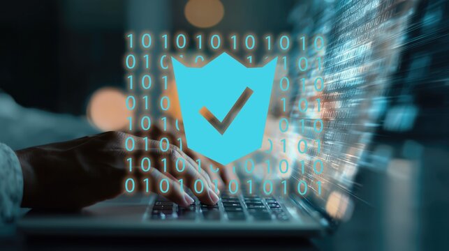 Hand typing on laptop with shield and binary code interface. Concept for digital security, data protection, and cyber safety. Modern tool for online protection, information security