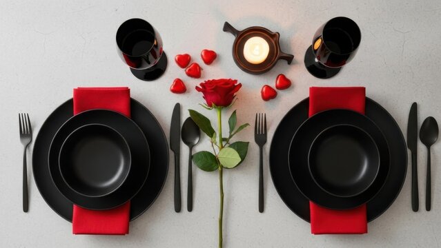 Elegant romantic dinner setting for two with black dinnerware and red accents including a single
