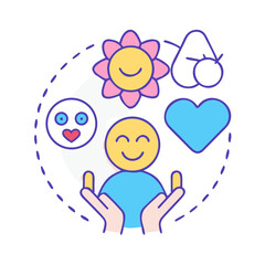 Illustration promoting positivity and self-care with symbolic elements and smiling characters