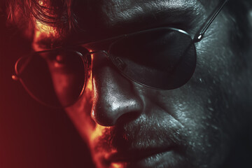 Intense closeup of mysterious young man wearing sunglasses in moody red light