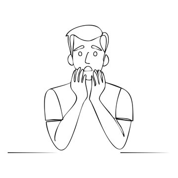 Continuous line drawing of a shocked man holding his face in fear and surprise