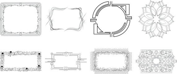 Collection of ornate decorative frames and borders in black and white isolated on transparent background