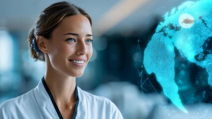Young woman doctor stands in bright hospital environment, interacting with virtual digital interface. Scene highlights integration technology, medicine for improved healthcare solutions - Powered by Adobe