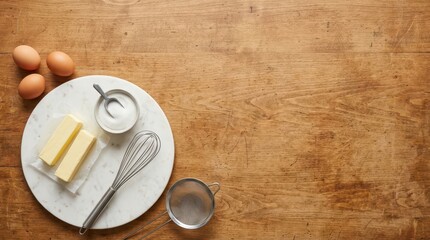 Overhead view of baking ingredients on kitchen table for delicious recipes