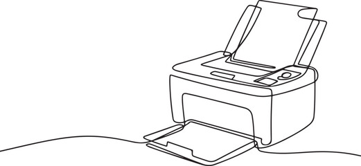 Printer One line drawing on white background, Vector continuous one single line drawing of laser printer in silhouette. one line Icon drawing