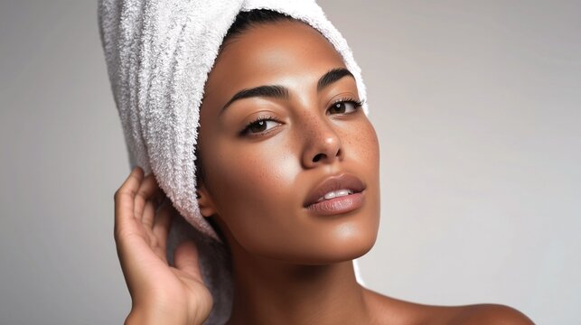 Woman with towel on hair and glowing skin. Concept for skincare routine, beauty care, and natural skin health. Modern beauty scene of post-shower skincare, radiant complexion, and self-care ritual