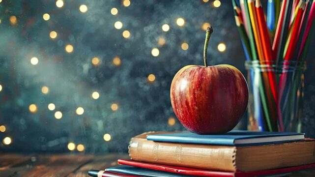 A red apple sits on a stack of books next to a jar of colored pencils on a wooden table with a blurred illuminated background