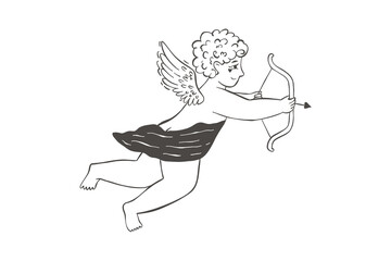 Cute whimsical flying angel with a bow and arrows on a cloud. Cute Valentines cupid with wings.
