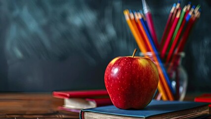 A red apple sits on a blue book on a wooden desk with colored pencils in a jar and a blurred chalkboard in the background - Powered by Adobe
