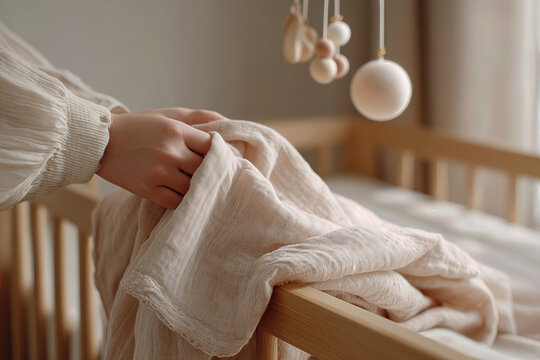Gentle Touch Preparing Baby Crib with Soft Fabric in Calm Nursery