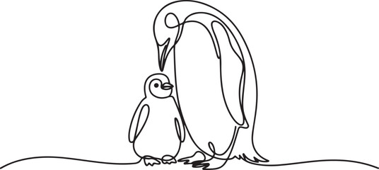 Cute penguin with chick. Mother and baby. Mother day concept. Continuous one line drawing. Vector illustration. one line Icon drawing © firoz