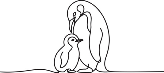 Cute penguin with chick. Mother and baby. Mother day concept. Continuous one line drawing. Vector illustration. one line Icon drawing © firoz