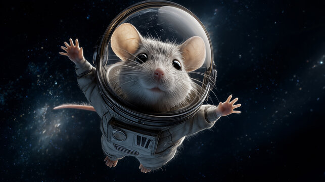 A small mouse wearing a space suit floats joyfully in the vastness of space, surrounded by stars and galaxies, showcasing curiosity and the spirit of adventure - Powered by Adobe