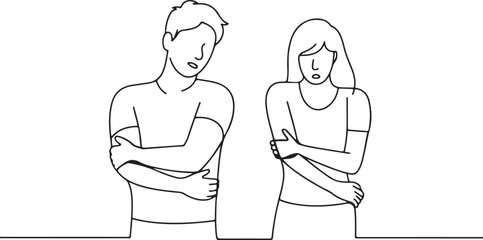 Pain in the elbow. A man and a woman are holding their elbows. Pain due to injury, bruise or sprain. one line Icon drawing