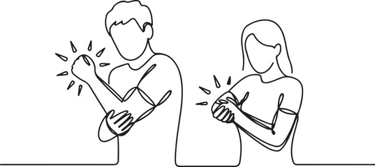 Pain in the elbow. A man and a woman are holding their elbows. Pain due to injury, bruise or sprain. one line Icon drawing