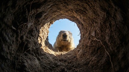 Marmot looking into round dirt hole from outside against blue sky background