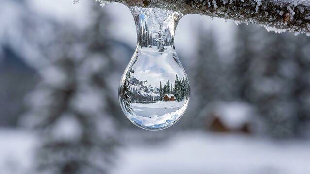 A perfectly formed icicle captures a winter wonderland reflected within its crystal clear droplet.
