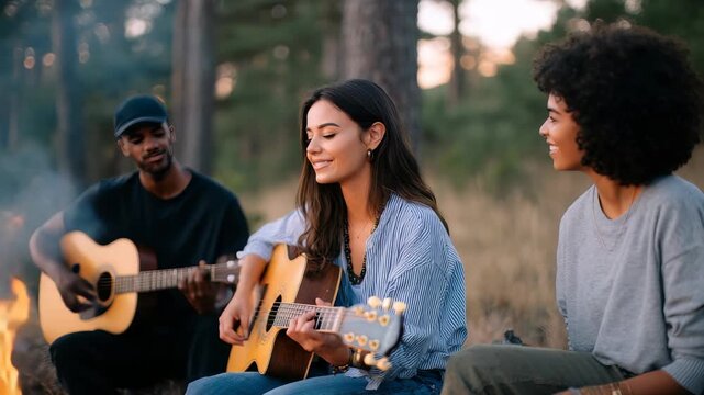 Three happy friends enjoy an acoustic jam session in nature, surrounded by tall trees and warm sunlight. The relaxed atmosphere highlights friendship, creativity, and outdoor adventure