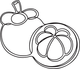 Continuous one line drawing half cut healthy sweet red organic mangosteen for orchard logo identity. Fresh fruitage concept for fruit garden icon. one line Icon drawing