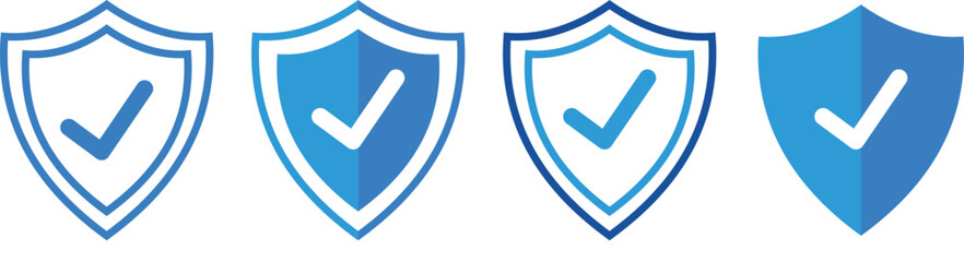 Blue security shield checkmark icons set. Shield icon with check mark vector illustration.