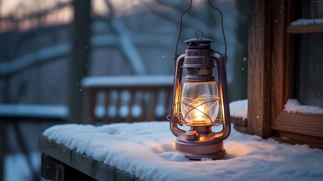 A glowing lantern sits on a snow covered surface with a blurred background in a winter scene outside - Powered by Adobe