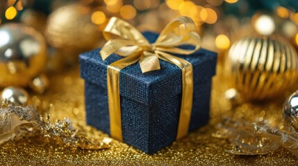 Dark blue gift box with a golden ribbon among festive decorations on a vibrant golden backdrop, perfect for holiday and New Year themes