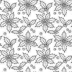 New Year's seamless background. Holly with berries. Holiday. Christmas.