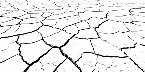 High-contrast cracked dry earth texture with bold black fractures on a white surface. Minimalist abstract background ideal for environmental themes, climate change concepts, and graphic design use.
