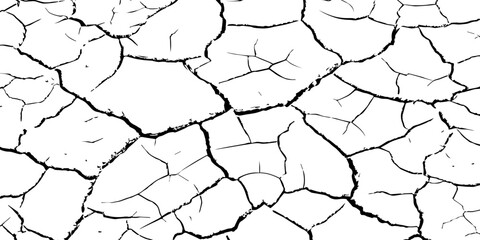 High-contrast cracked dry earth texture with bold black fractures on a white surface. Minimalist abstract background ideal for environmental themes, climate change concepts, and graphic design use.
