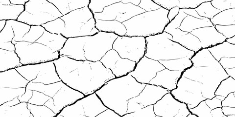 High-contrast cracked dry earth texture with bold black fractures on a white surface. Minimalist abstract background ideal for environmental themes, climate change concepts, and graphic design use.
