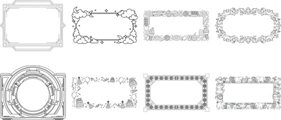 Set of decorative frames and borders in black and white isolated on transparent background