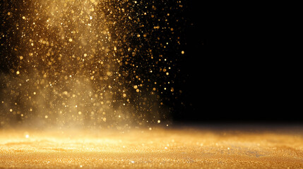 Golden particles dance in sunlight, creating a shimmering effect against a dark backdrop. This enchanting scene evokes a sense of wonder and celebration, perfect for an evening gathering
